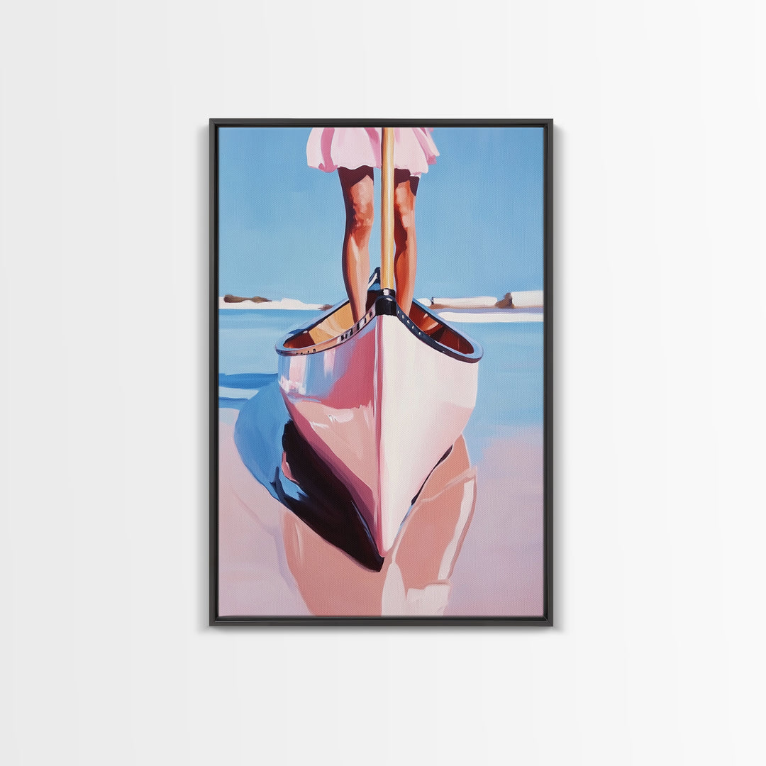 Pink Canoe, Girl, Reflection, Framed Canvas Print, Coastal Wall Art, Nautical Decor, Summer Aesthetic, Beach House Art, Boho Art