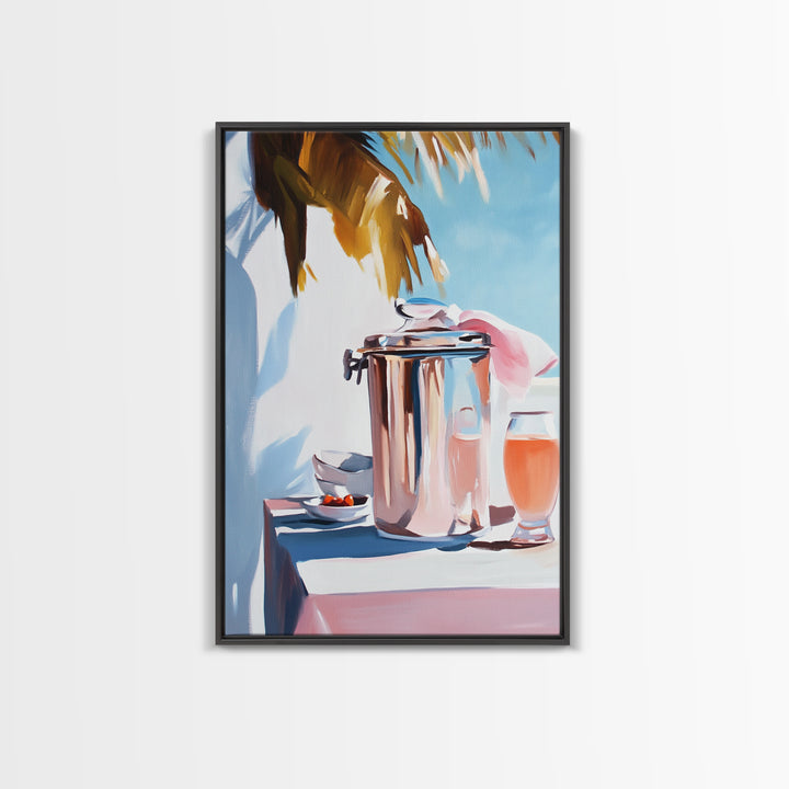 Beach Picnic, Palm Tree, Drinks, Framed Canvas Print, Summer Wall Art, Tropical Aesthetic, Kitchen Art, Coastal Home Decor, Boho Art