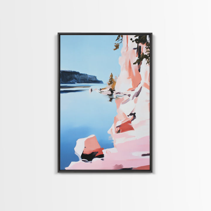 Cliffs, Water, Trees, Reflection, Framed Canvas Print, Nature Wall Art, Mountain Aesthetic, Lakehouse Decor, Minimalist Landscape