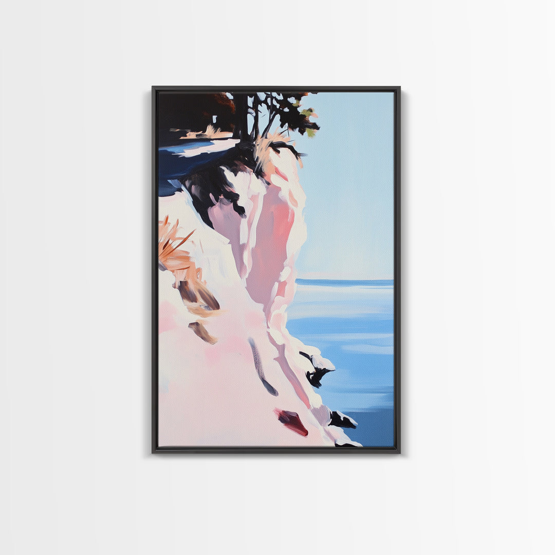 Cliffs and Water, Nature Wall Art, Minimalist Landscape, Coastal Home Decor, Blue and Pink Art, Framed Canvas Print, Office Wall Decor