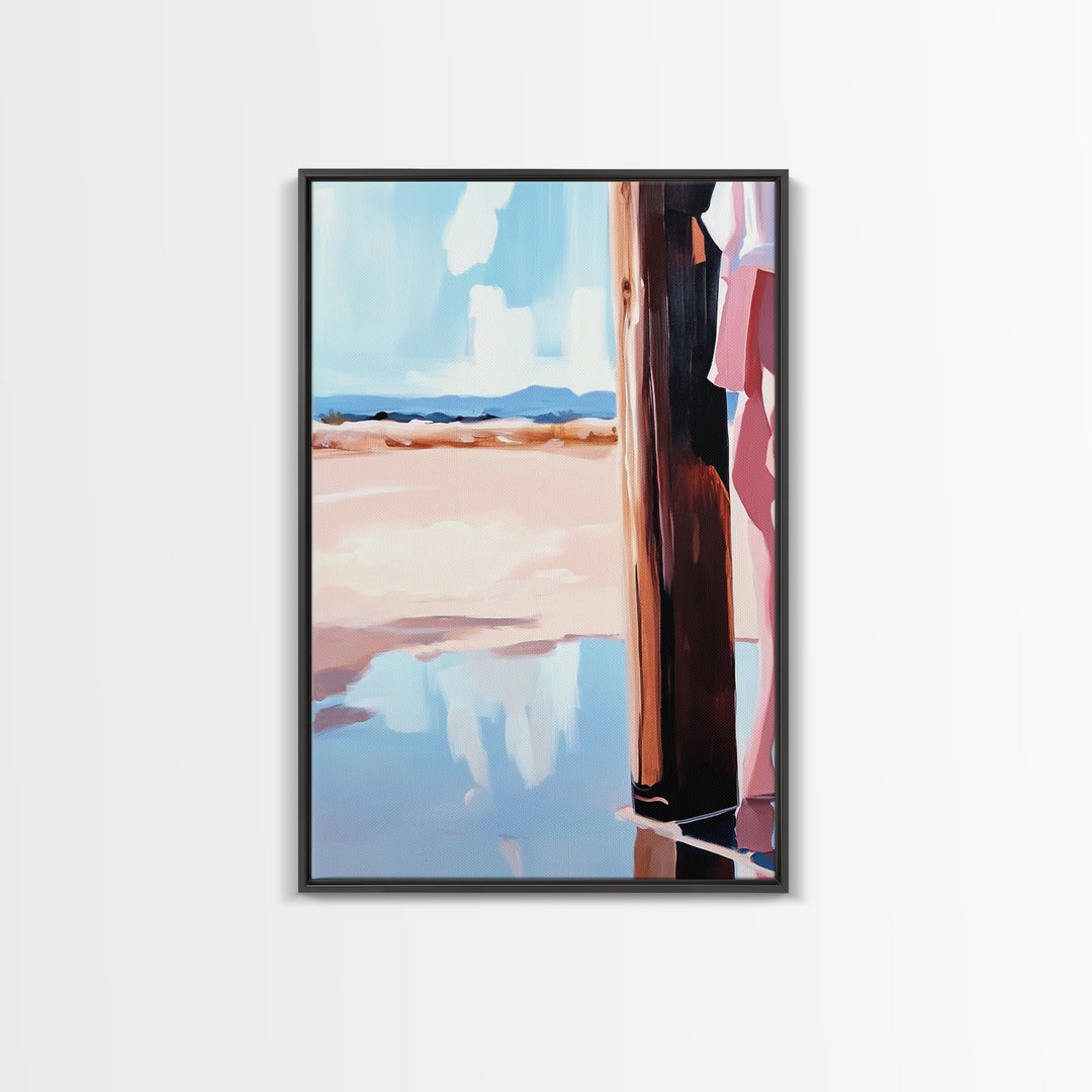 Coastal Fashion Art, Feminine Beach Scene, Pastel Summer Painting, Minimalist Boho Decor, Framed Canvas Print, Bedroom Wall Art