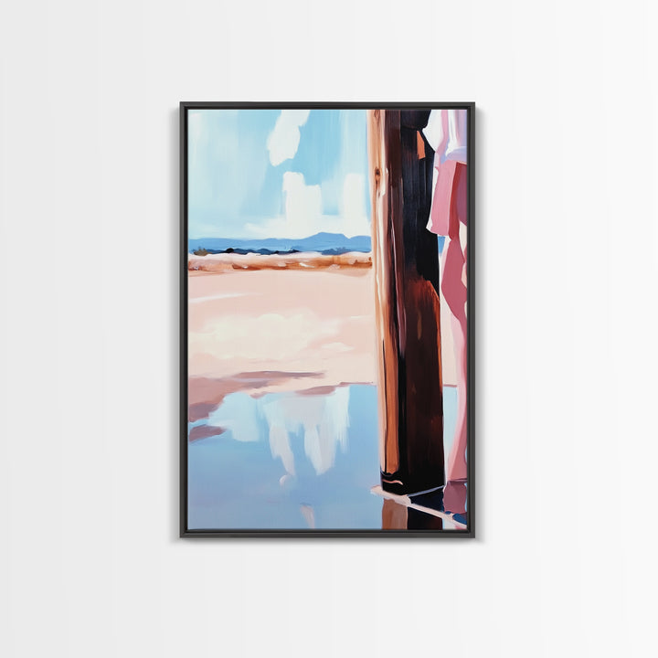 Coastal Fashion Art, Feminine Beach Scene, Pastel Summer Painting, Minimalist Boho Decor, Framed Canvas Print, Bedroom Wall Art