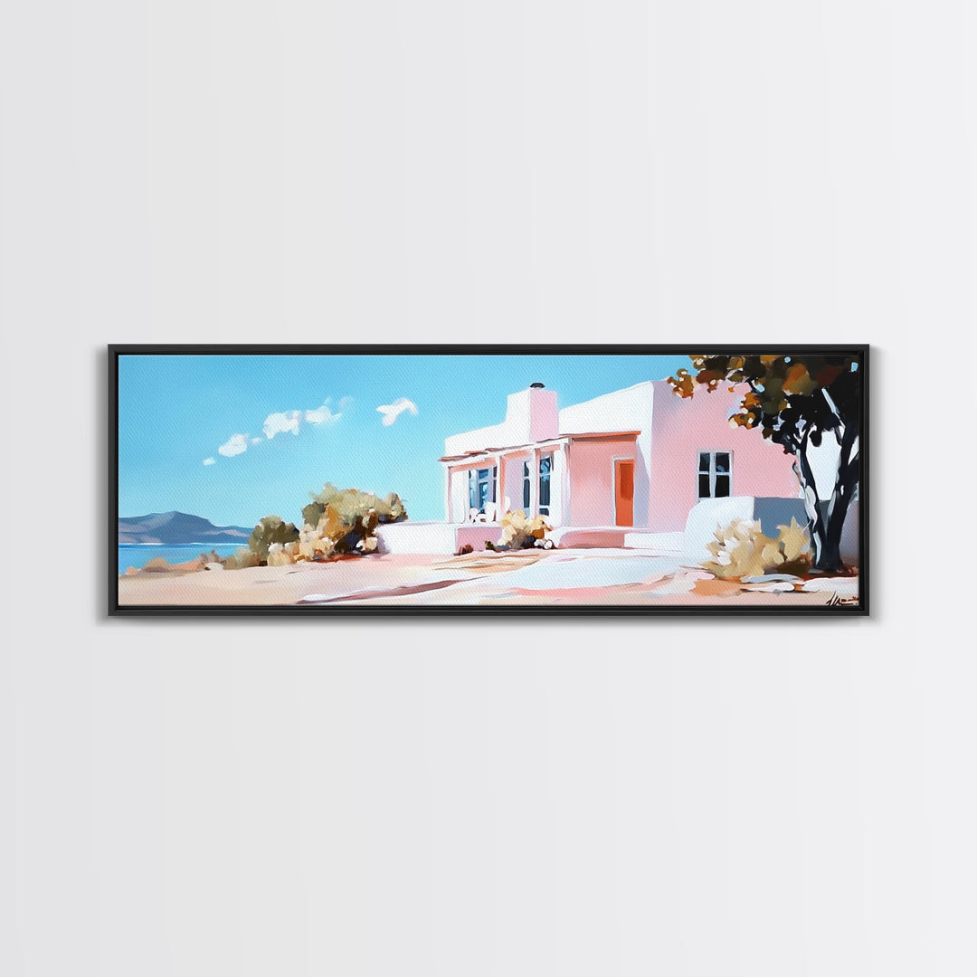 Coastal House, Summer Art, Beach Landscape, Framed Canvas Print, Mediterranean Wall Art, Minimalist Painting, Living Room Decoran Waves