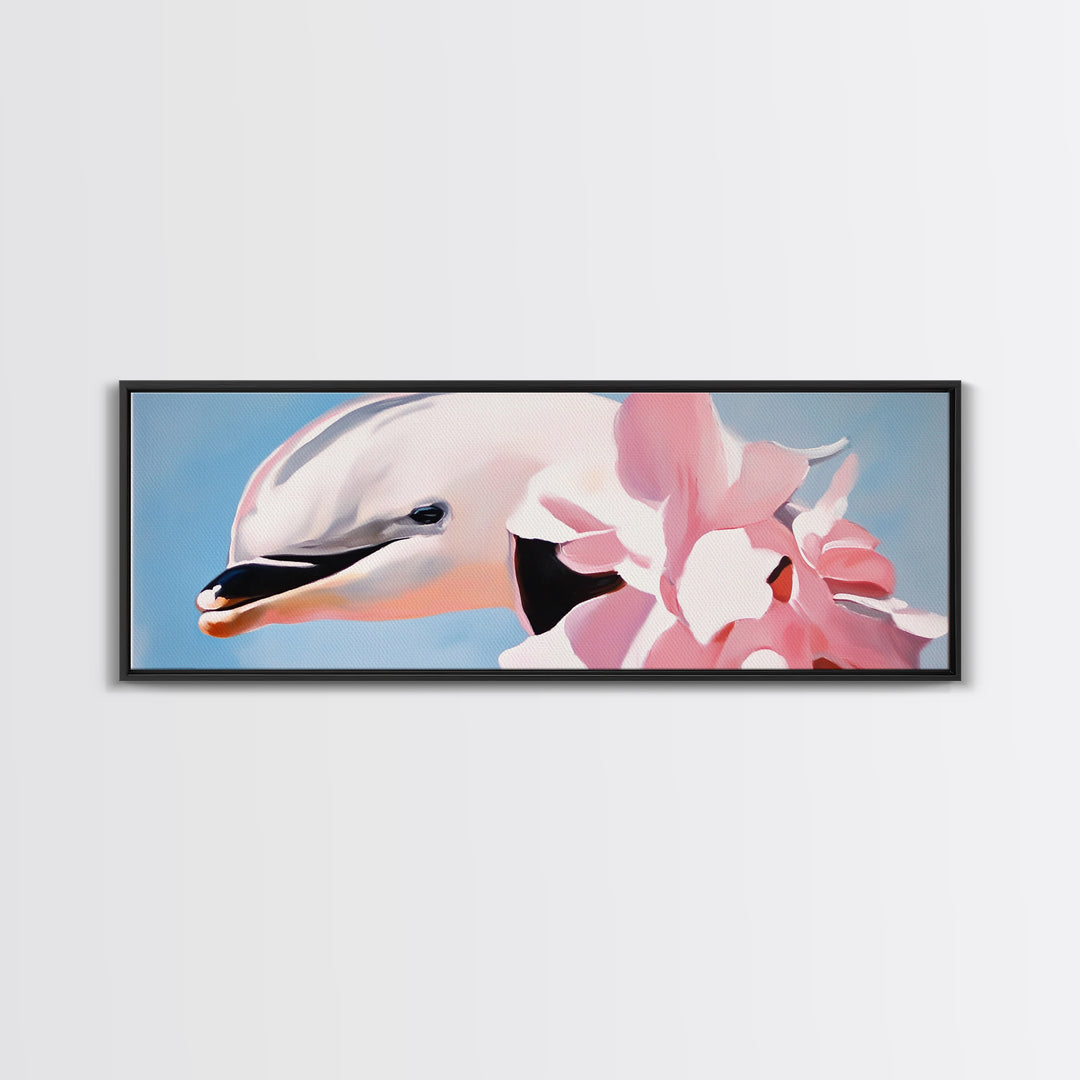Dolphin, Pink Flowers, Canvas Print, Ocean Art, Whimsical Artwork, Coastal Wall Art, Sea Life Decor, Modern Aesthetic, Nature Lover Gift