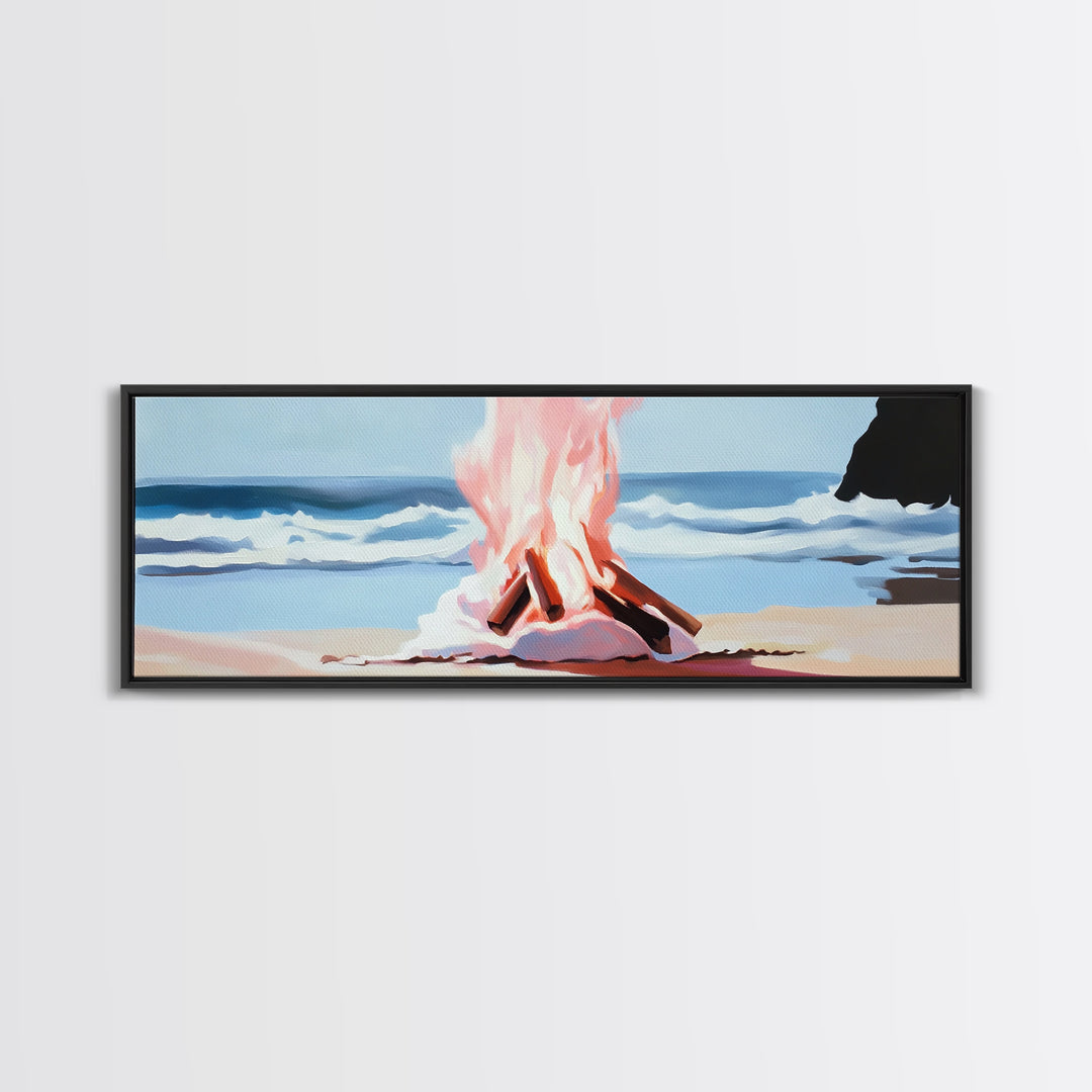Beach Bonfire, Ocean Fire, Coastal Campfire, Framed Canvas Print, Seaside Night Art, Relaxing Summer Scene, Nautical Wall Decor