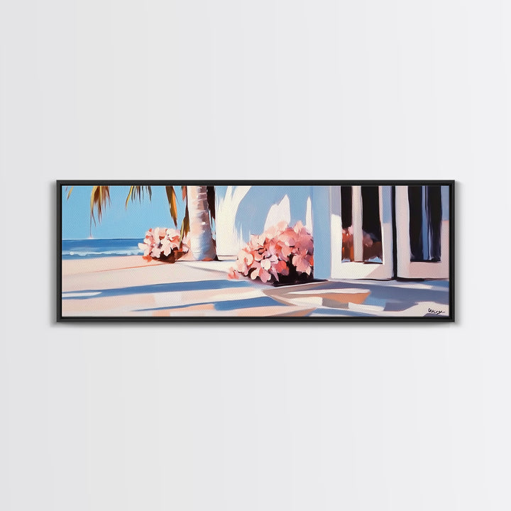 Beachfront Patio, Coastal Home, Ocean View Art, Framed Canvas Print, Seaside Decor, Summer House Aesthetic, Serene Wall Artwork