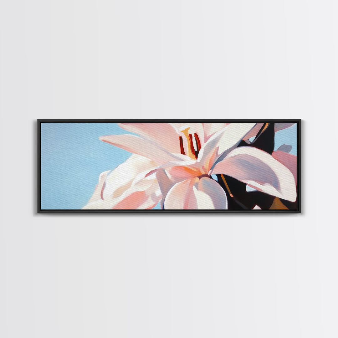 Blooming Lily, Floral, Nature, Framed Canvas Print, Botanical Wall Art, Pastel Home Decor, Feminine Aesthetic, Living Room Wall Art
