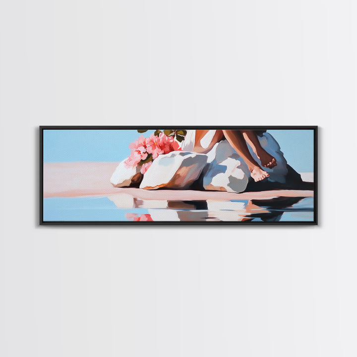 Beach Blossom Scene, Floral Coastal Art, Pastel Summer Vibes, Nature Wall Decor, Soft Aesthetic, Canvas Print, Bedroom Wall Art