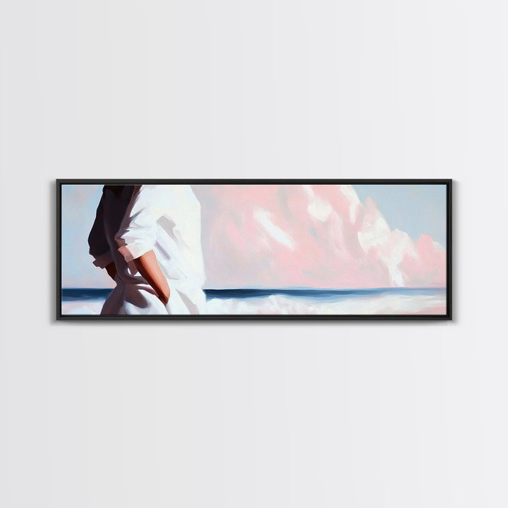 Beach Walk, Ocean Breeze, Pastel Sky, Dreamy Coastal Art, Soft Feminine Aesthetic, Framed Canvas Print, Bedroom Wall Art, Minimalist Decor