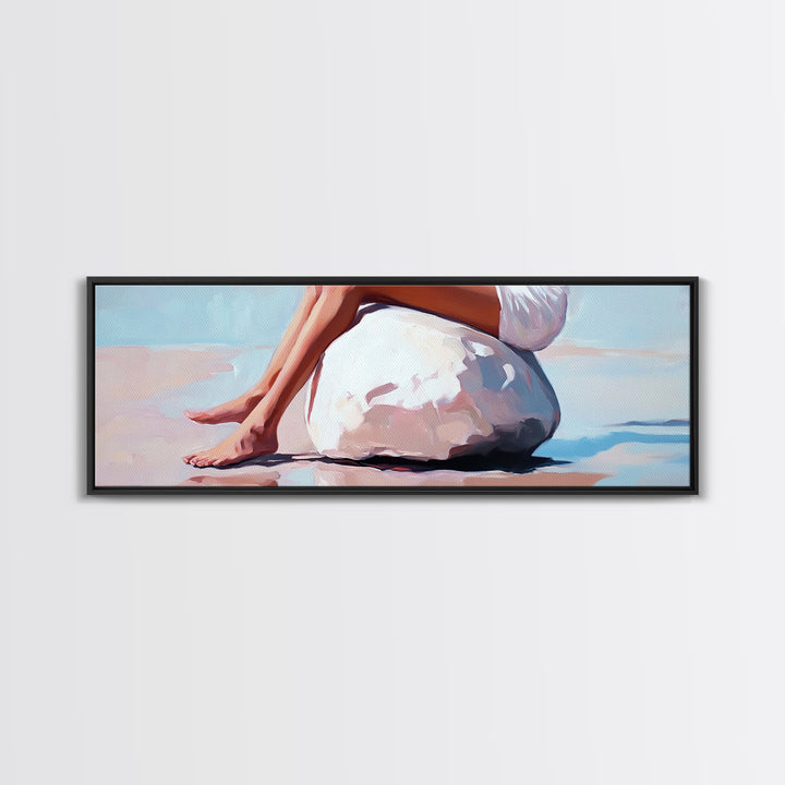 Beach Serenity, Woman Relaxing, Coastal Aesthetic, Framed Canvas Print, Minimalist Art, Boho Decor, Bedroom Wall Art, Summer Art