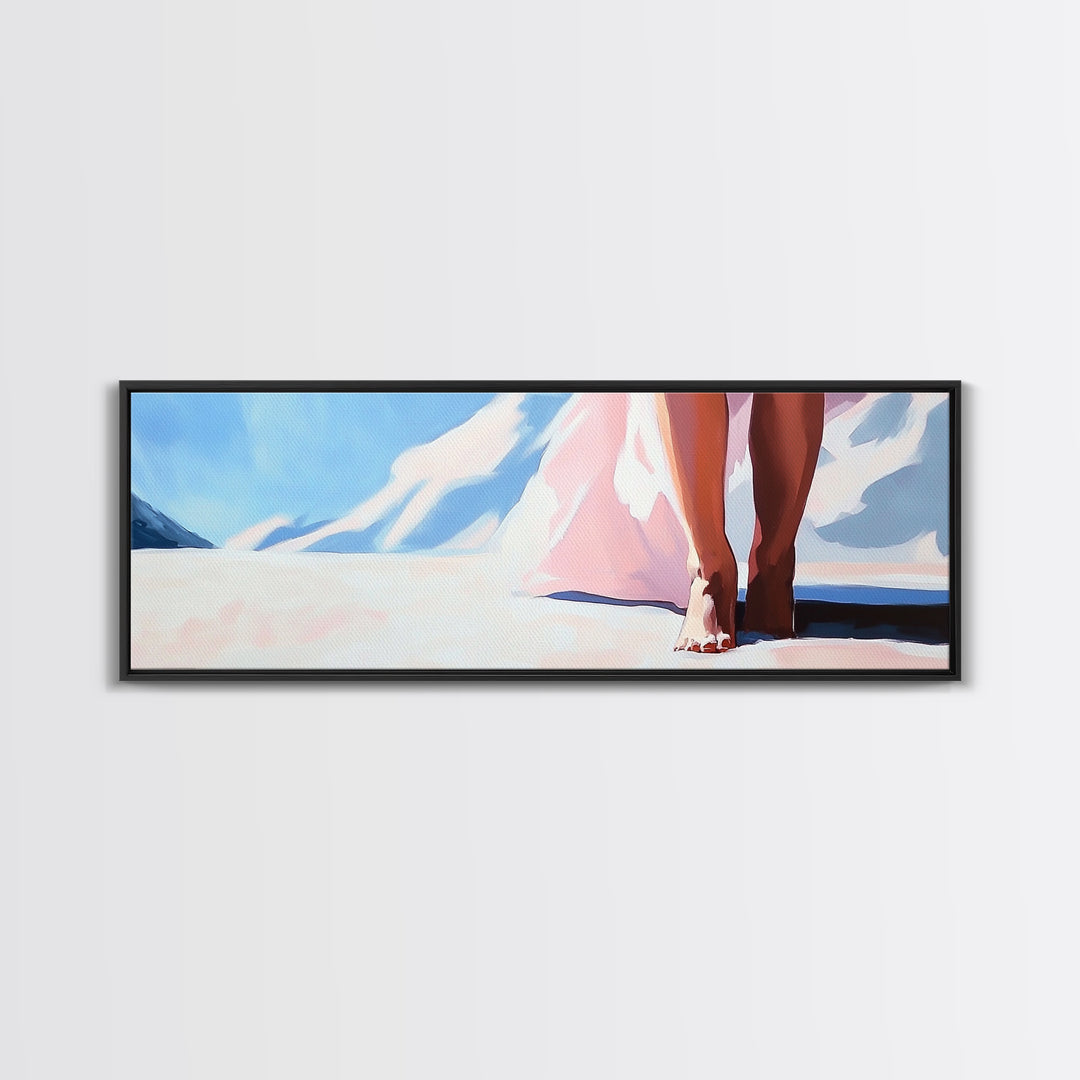 Barefoot Walk, Snowy Path, Winter Serenity, Canvas Print, Soft Pastel Art, Minimalist Aesthetic, Cozy Wall Art, Feminine Decor