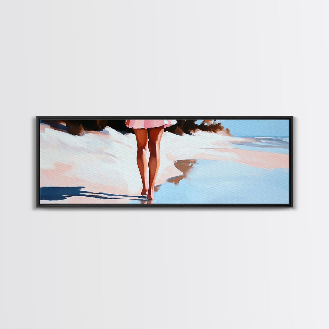 Romantic Reflection, Sand and Sea, Dreamy Pastels, Framed Canvas Print, Coastal Art, Beach House Decor, Serene Aesthetic Painting