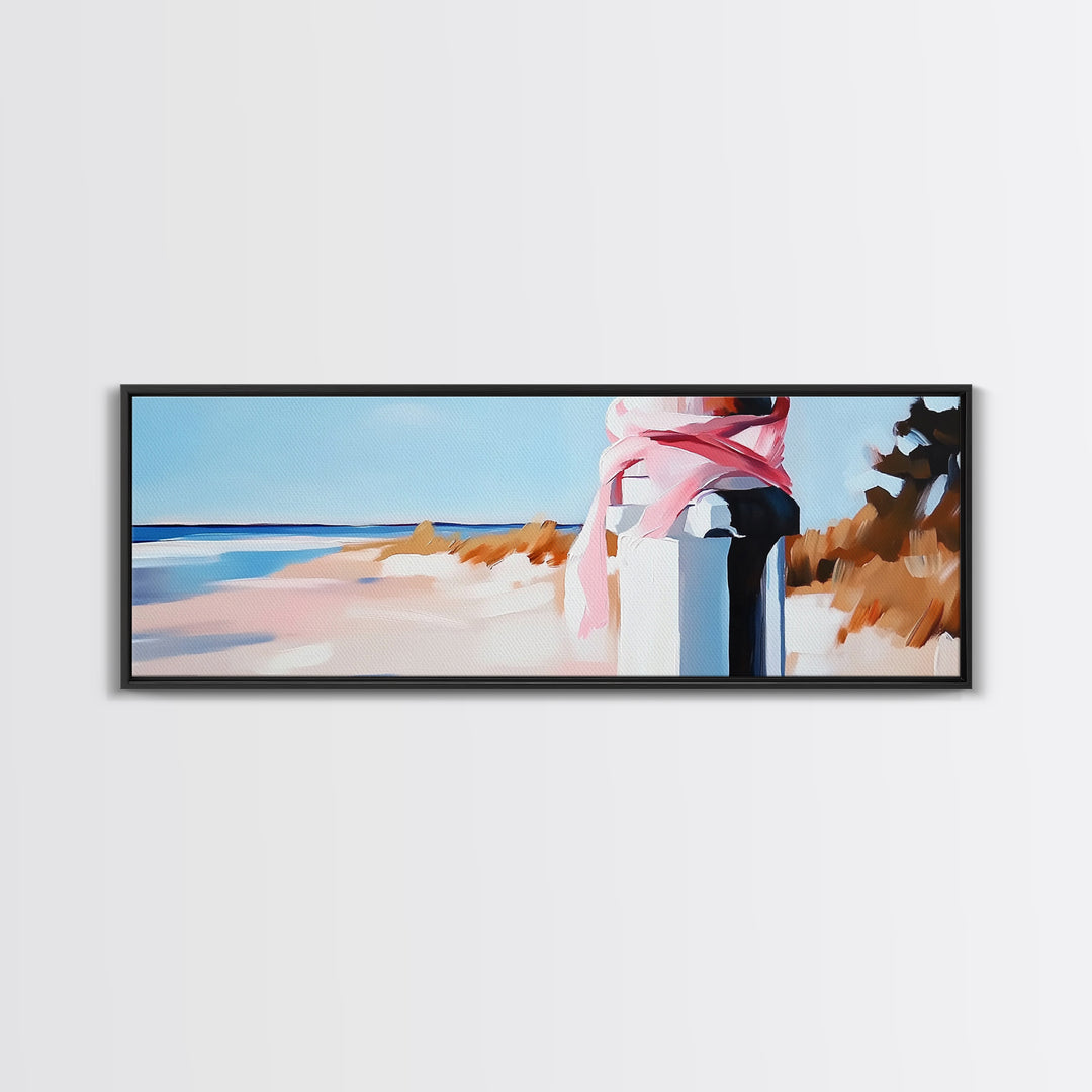 Coastal Fence Art, Beach Landscape Print, Pastel Ocean Painting, Minimalist Seaside Decor, Large Canvas Print, Modern Home Wall Art