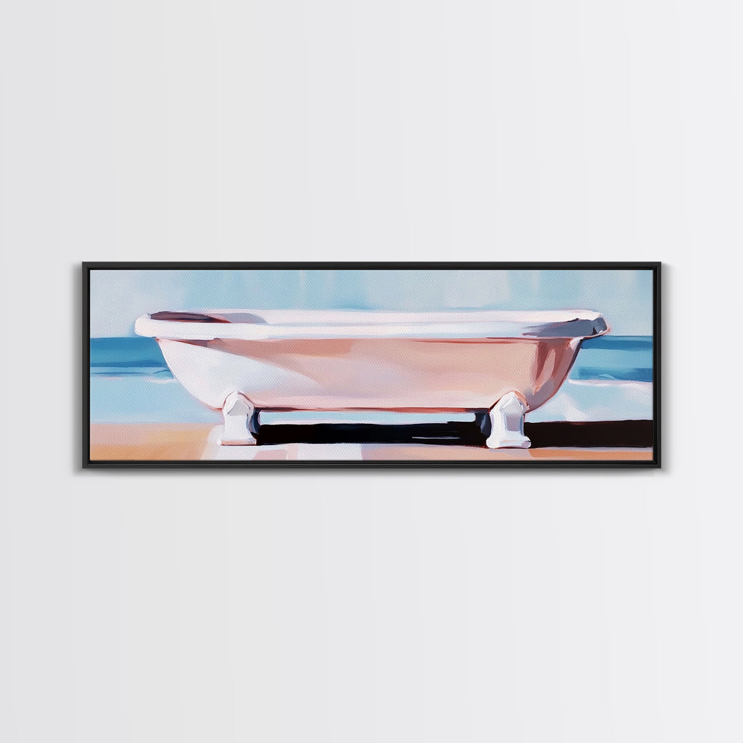 Clawfoot Tub, Coastal Art, Bathroom Wall Art, Modern Decor, Minimalist Painting, Ocean Art, Beach House, Framed Canvas Print
