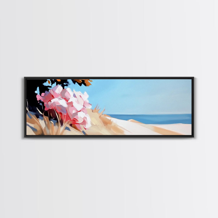 Beach Flowers, Coastal Blossoms, Summer Landscape, Framed Canvas Print, Boho Wall Art, Seaside Painting, Nature Home Decor