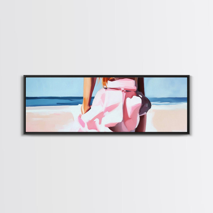 Beach Walk, Soft Waves, Feminine Coastal, Romantic Seascape, Framed Canvas Print, Boho Art, Bedroom Wall Art, Minimalist Aesthetic