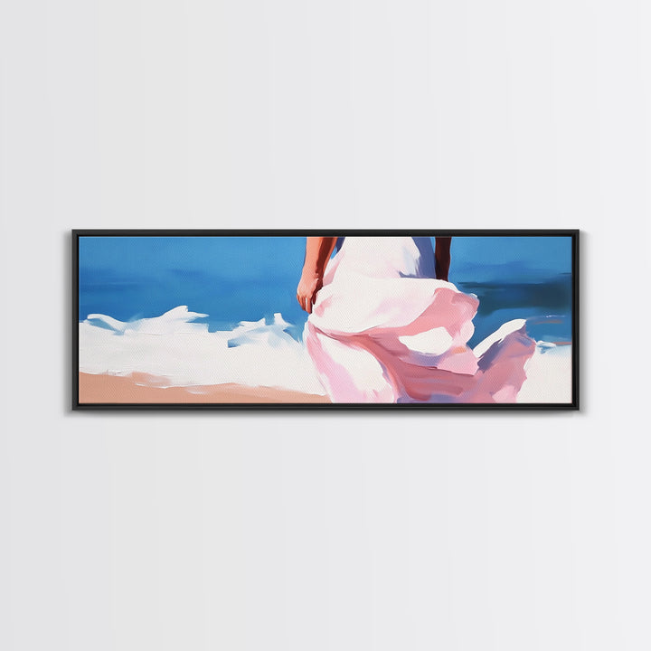 Ocean Breeze, Woman on Beach, Coastal Aesthetic, Framed Canvas Print, Minimalist Art, Boho Wall Decor, Bedroom Wall Artwork