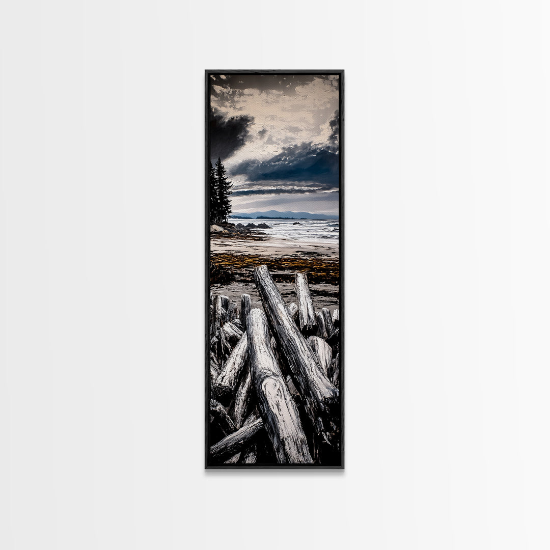 Coastal Beach, Driftwood Shore, Stormy Sky, Framed Canvas Print, Ocean Wall Art, Seaside Decor, Nautical Painting, Living Room Wall Art
