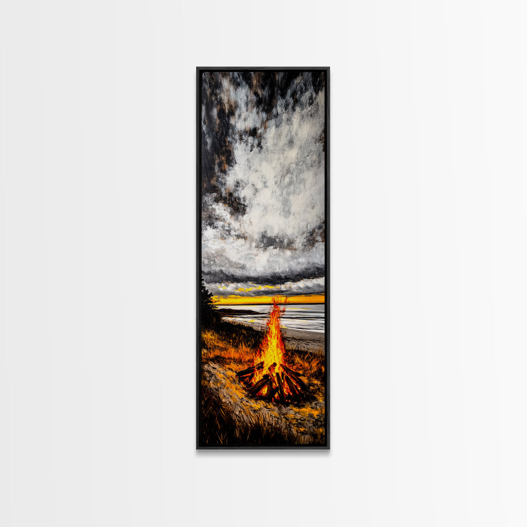 Beach Bonfire, Cozy Fire, Seaside Sunset, Framed Canvas Print, Coastal Home Decor, Relaxing Landscape, Rustic Living Room Wall Art