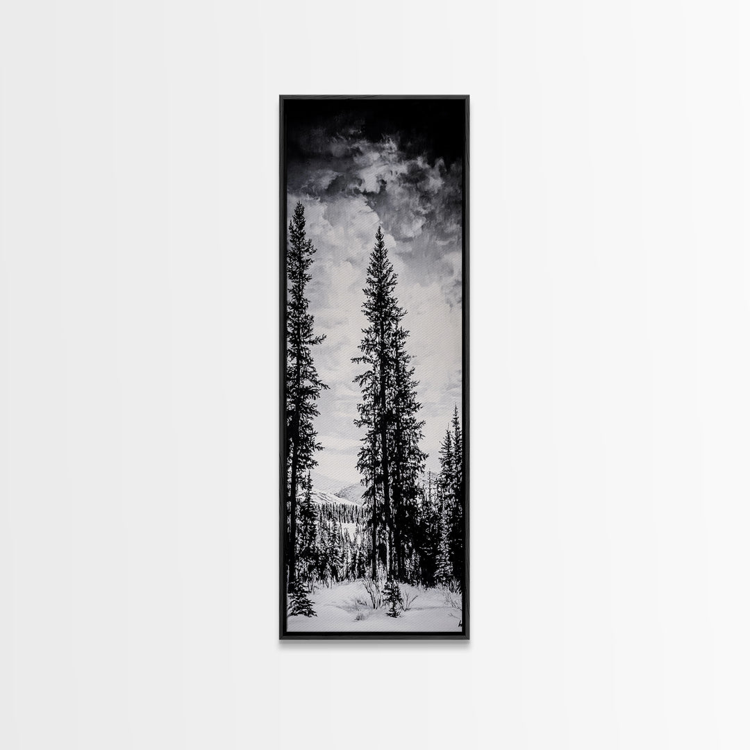 Black White Pine, Winter Forest, Nature Wall Art, Christmas Decor, Modern Minimalist, Monochrome Print, Framed Canvas Print
