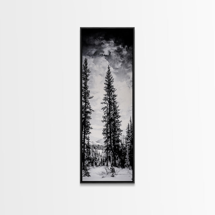 Black White Pine, Winter Forest, Nature Wall Art, Christmas Decor, Modern Minimalist, Monochrome Print, Framed Canvas Print