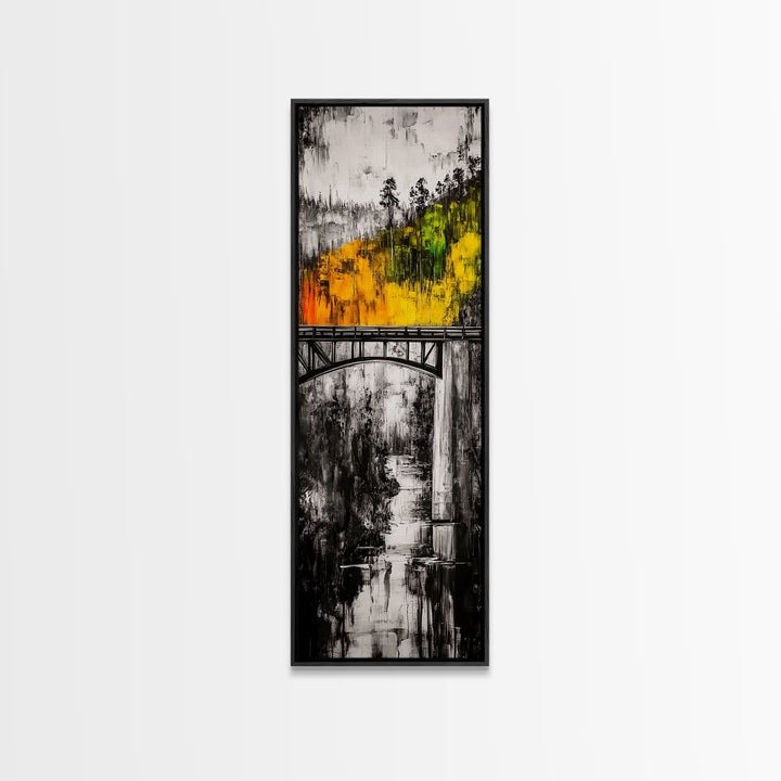 Forest Bridge, Fall Foliage, Rustic Nature Art, Woodland Pathway, Scenic Travel Decor, Living Room Wall Art, Framed Canvas Print