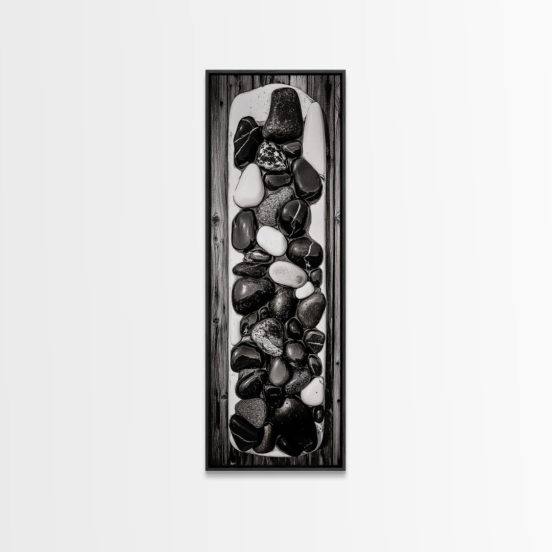 Black and White Stones, Minimalist Rock Art, Rustic Home Decor, Natural Texture Print, Modern Zen Wall Art, Framed Canvas Print