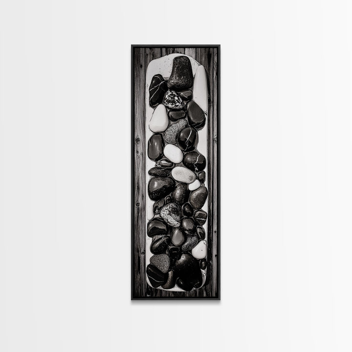 Black and White Stones, Minimalist Rock Art, Rustic Home Decor, Natural Texture Print, Modern Zen Wall Art, Framed Canvas Print