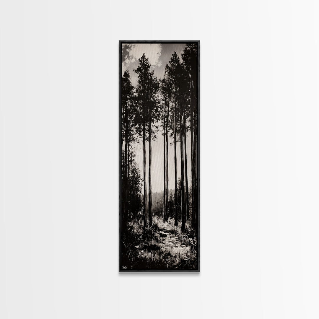 Black White Forest, Minimalist Wall Art, Monochrome Nature Print, Wooded Landscape, Moody Tree Art, Modern Home, Framed Canvas Print