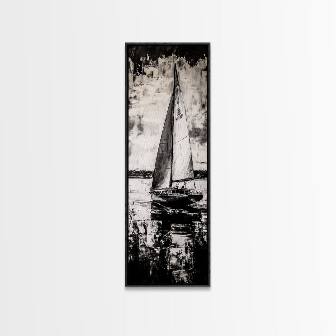 Black and White Sailboat, Nautical Wall Art, Minimalist Seascape Painting, Coastal Home Decor, Office or Bedroom Art, Framed Canvas Print