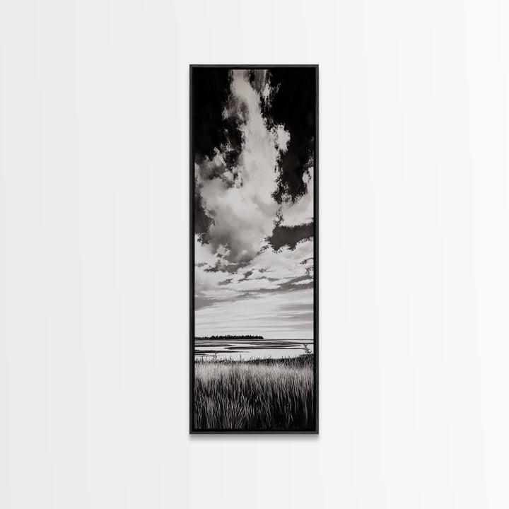Black and White Sky, Cloudscape Wall Art, Minimalist Artwork, Nature Landscape Painting, Office or Bedroom Decor, Framed Canvas Print
