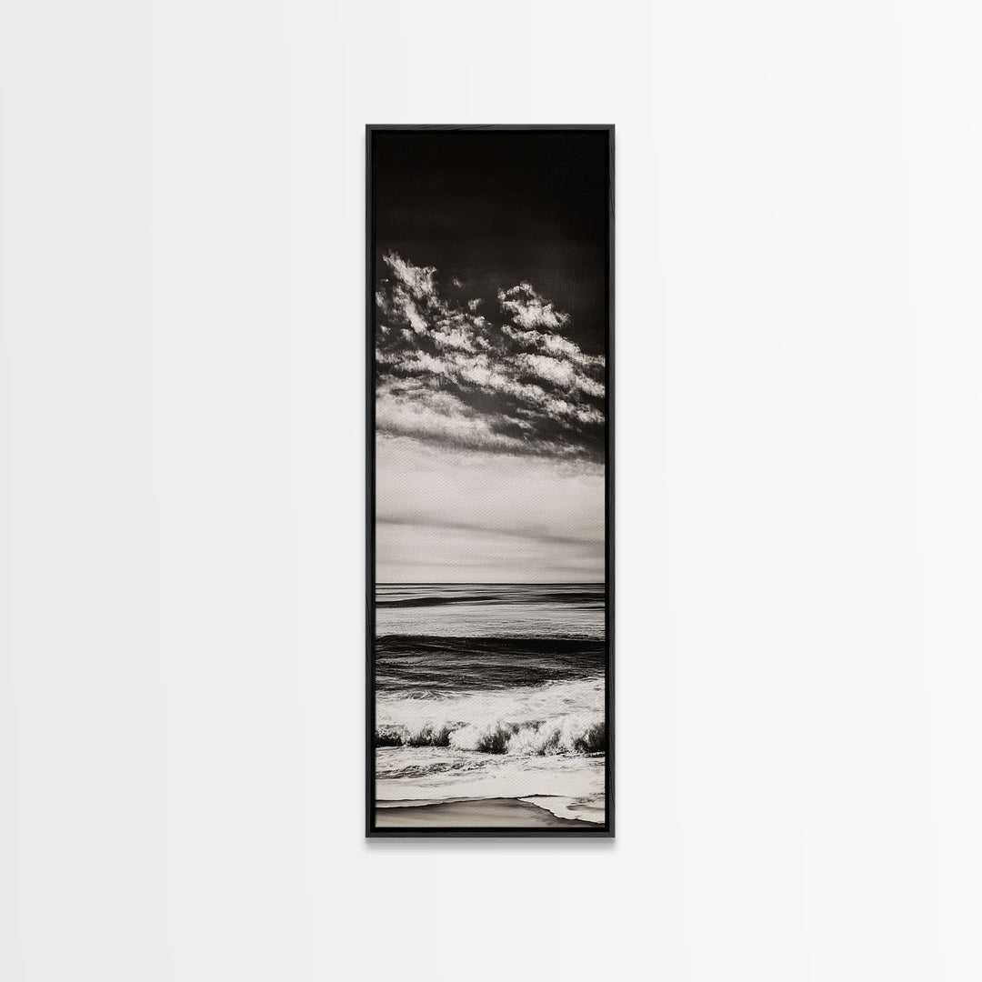 Ocean Horizon, Black and White, Cloudy Sky, Canvas Print, Coastal Wall Art, Minimalist Seascape, Modern Living Room Decor, Nautical Art