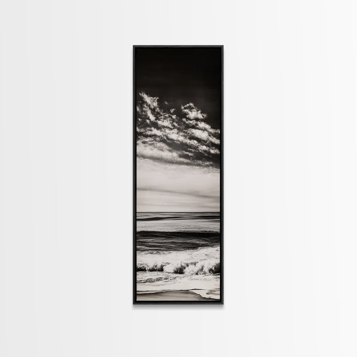 Ocean Horizon, Black and White, Cloudy Sky, Canvas Print, Coastal Wall Art, Minimalist Seascape, Modern Living Room Decor, Nautical Art
