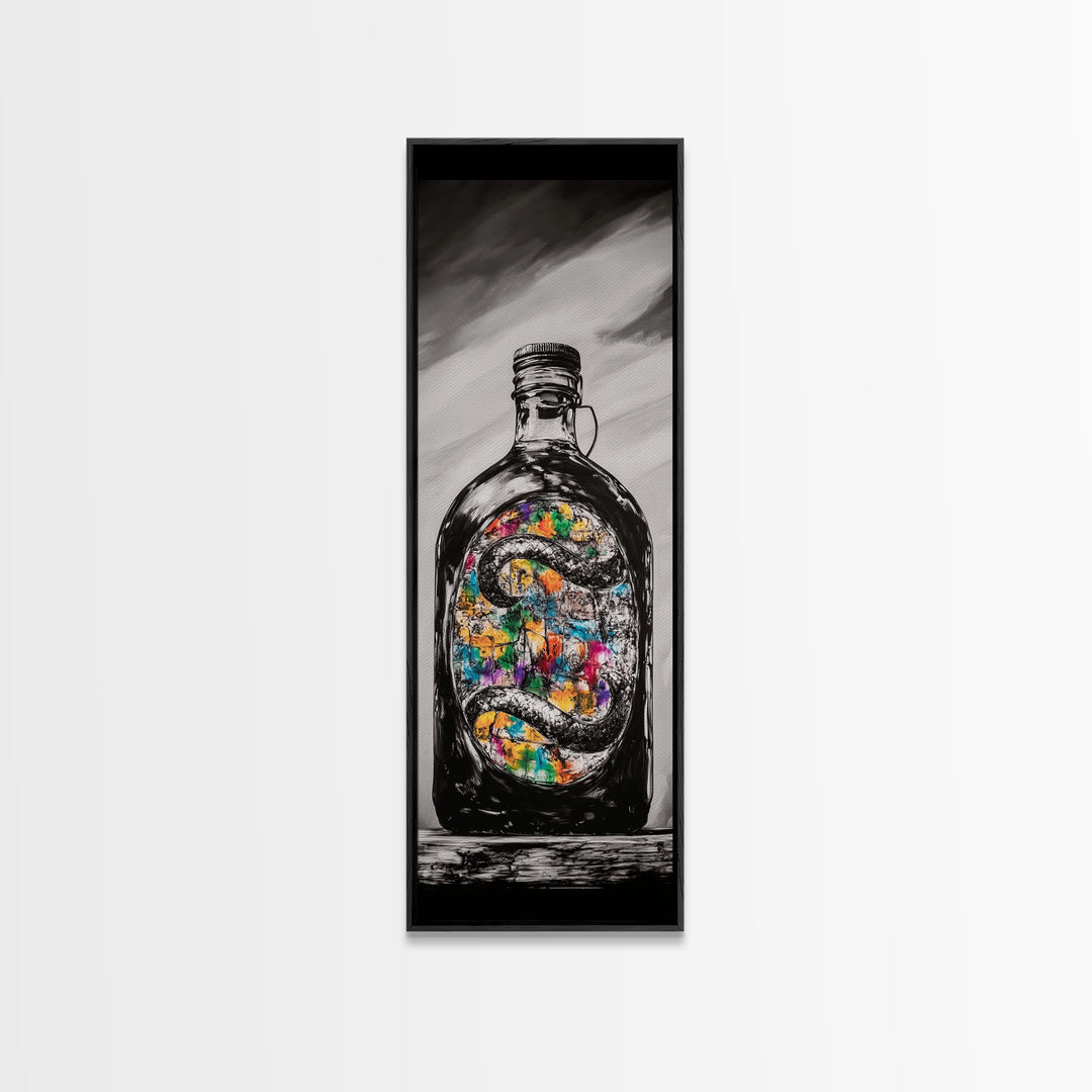 Snake in Bottle, Surreal, Dark Art, Framed Canvas Print, Gothic Home Decor, Unique Gift, Mysterious Artwork, Living Room Wall Art
