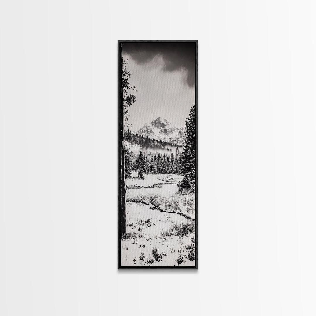 Winter Landscape, Snowy Mountains, Canvas Print, Black and White Photography, Rustic Home Decor, Cozy Cabin Wall Art, Nature Photography