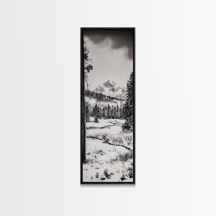 Winter Landscape, Snowy Mountains, Canvas Print, Black and White Photography, Rustic Home Decor, Cozy Cabin Wall Art, Nature Photography