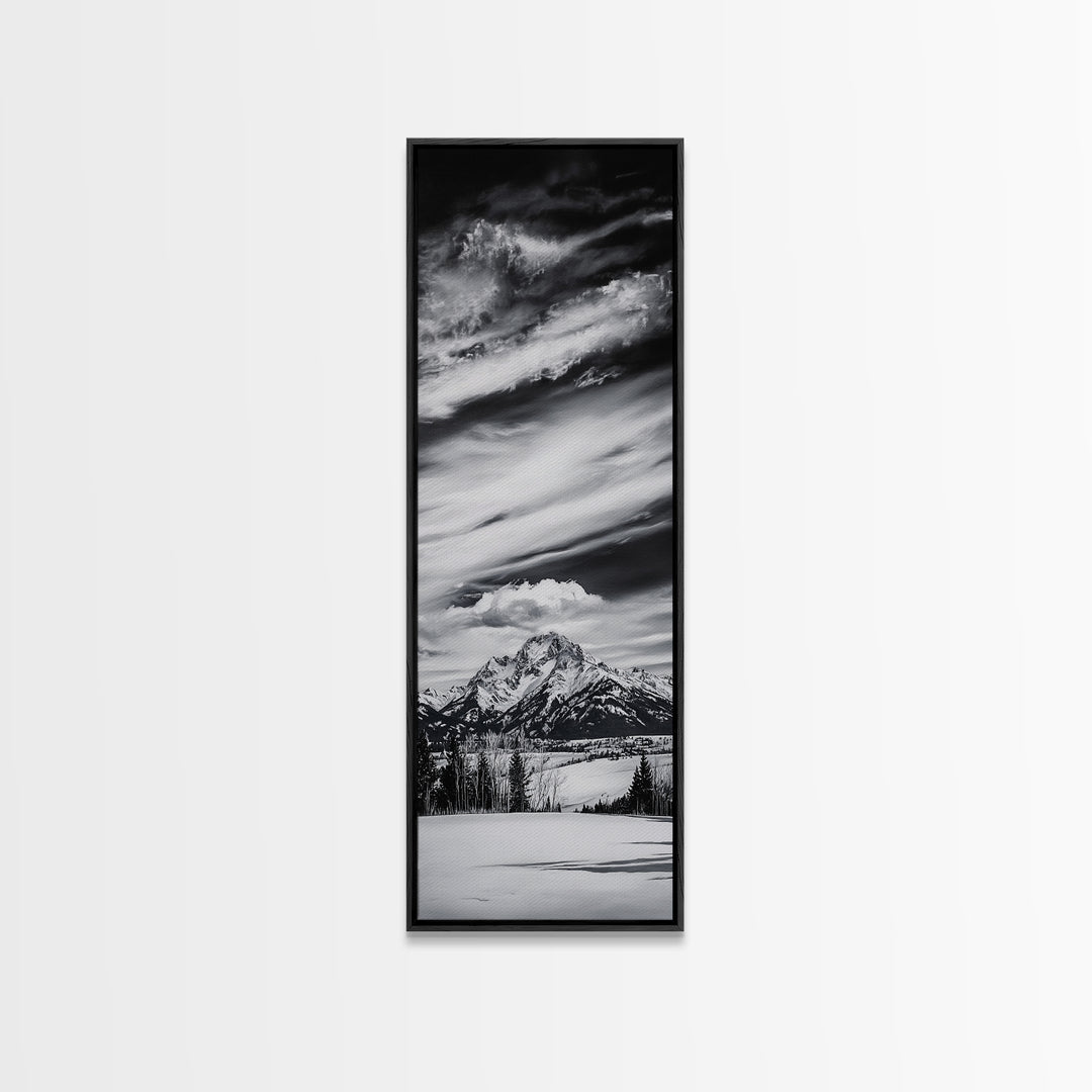 Majestic, Mountain, Black and White, Framed Canvas Print, Sky Photography, Minimalist Wall Art, Home Office Decor, Living Room Artwork