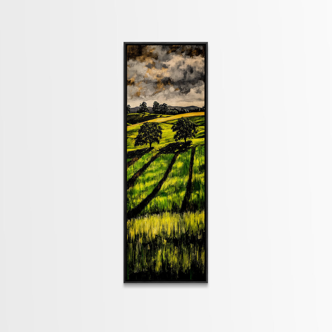 Rolling Fields, Nature Painting, Green Landscape, Framed Canvas Print, Country Wall Art, Rustic Decor, Cozy Living Room Artwork