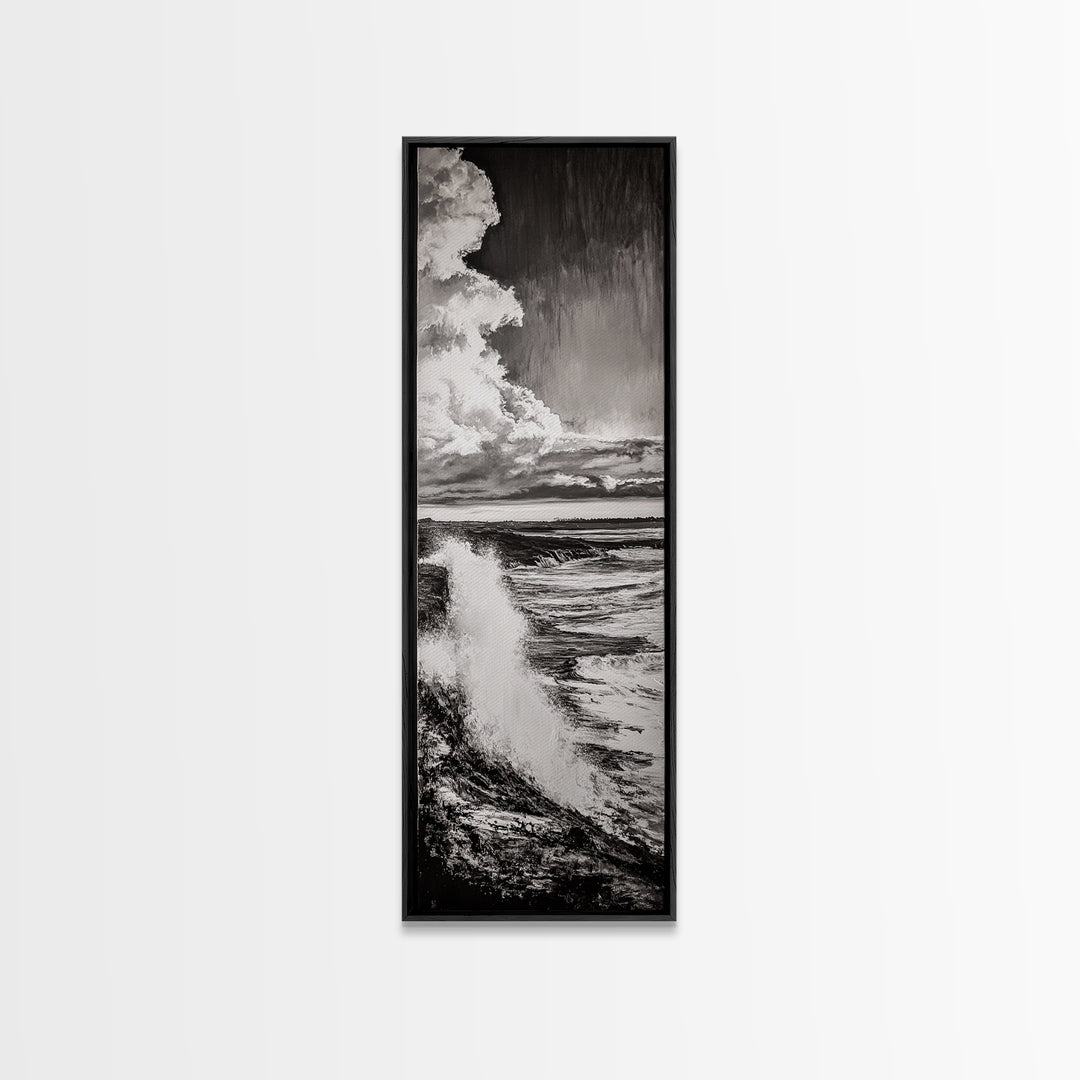 Ocean Power, Wave Crash, Coastal Landscape, Dramatic Seascape, Framed Canvas Print, Black and White Wall Art, Beach House Decor