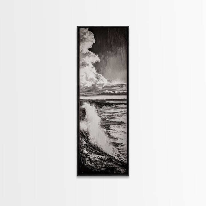 Ocean Power, Wave Crash, Coastal Landscape, Dramatic Seascape, Framed Canvas Print, Black and White Wall Art, Beach House Decor