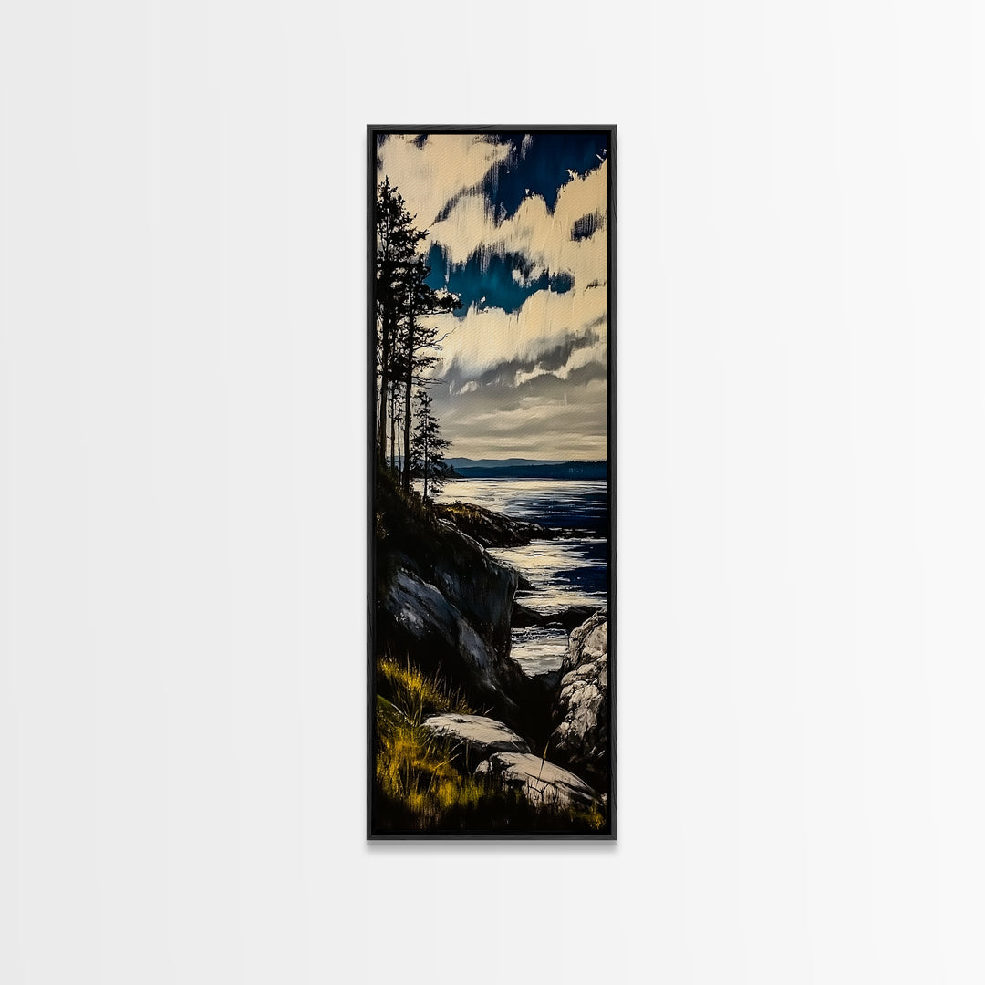 Cliffside View, Coastal Landscape, Nature Wall Art, Tranquil Seascape, Framed Canvas Print, Bedroom Wall Decor, Blue and Green Artwork