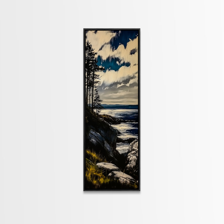 Cliffside View, Coastal Landscape, Nature Wall Art, Tranquil Seascape, Framed Canvas Print, Bedroom Wall Decor, Blue and Green Artwork