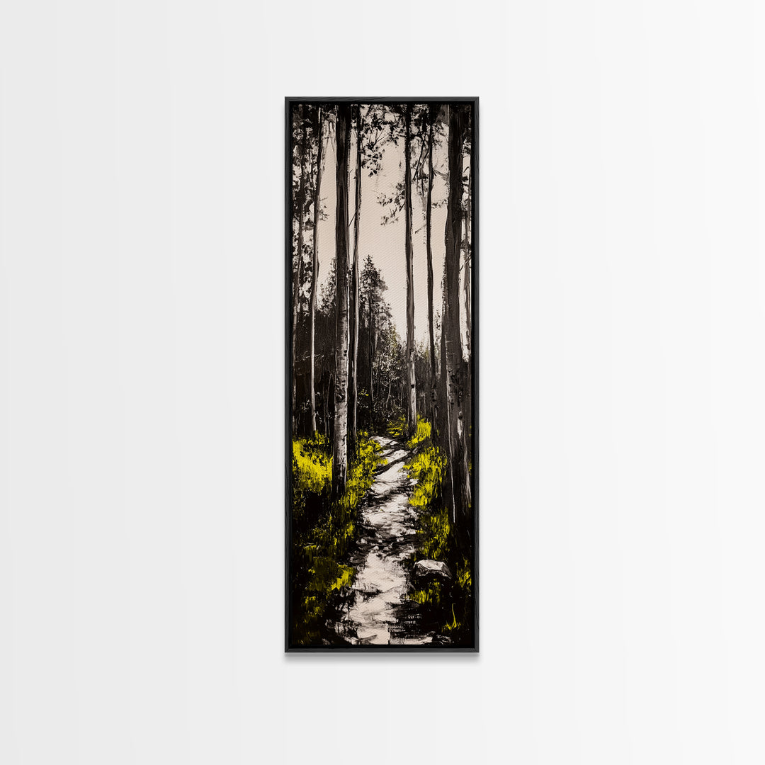 Forest Pathway, Black and White Nature Art, Autumn Trees Painting, Woodland Scene, Rustic Landscape, Living Room Wall Art, Canvas Print
