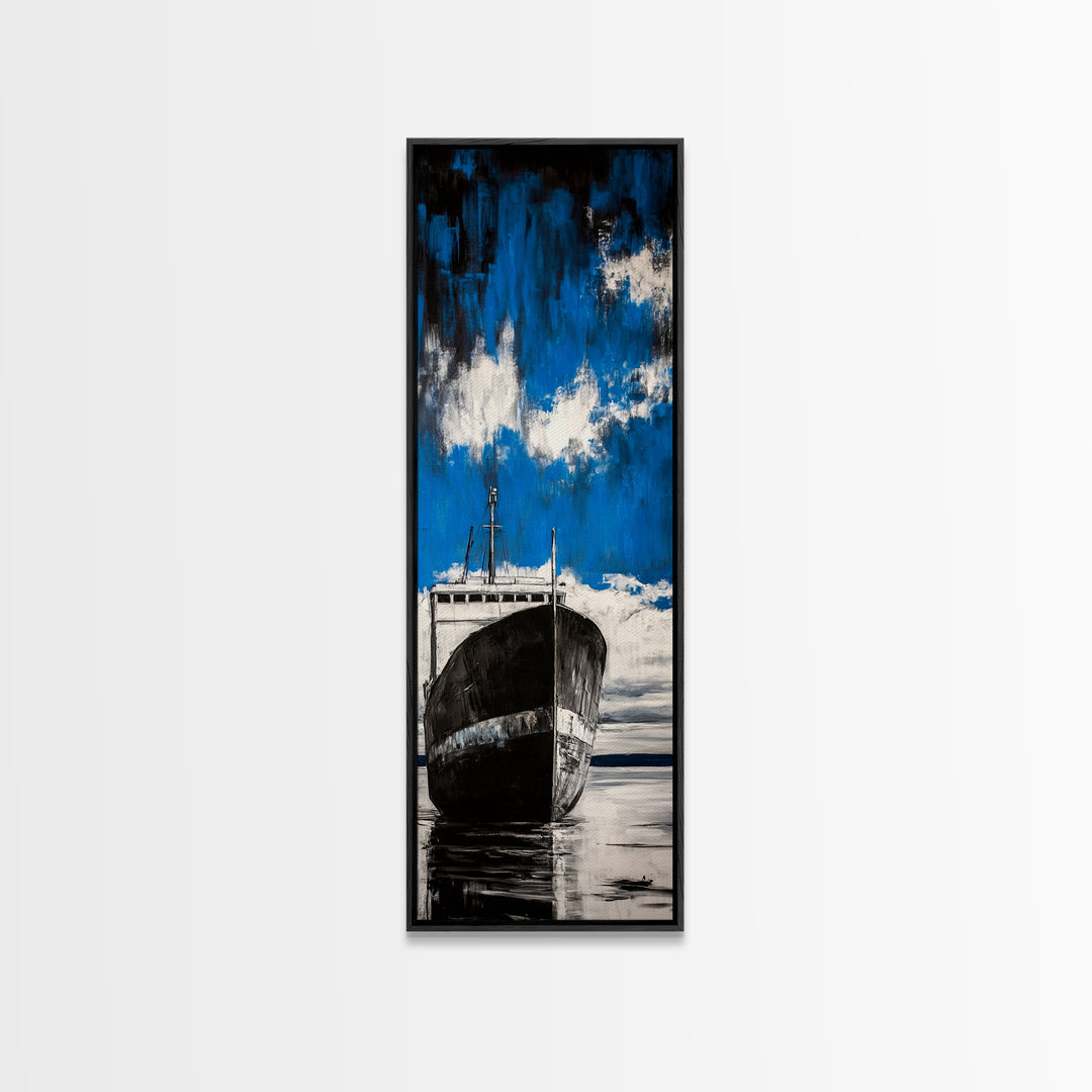Abandoned Ship, Nautical Artwork, Abstract Seascape, Canvas Print, Coastal Wall Art, Blue Black Art, Living Room Decor, Ocean Painting