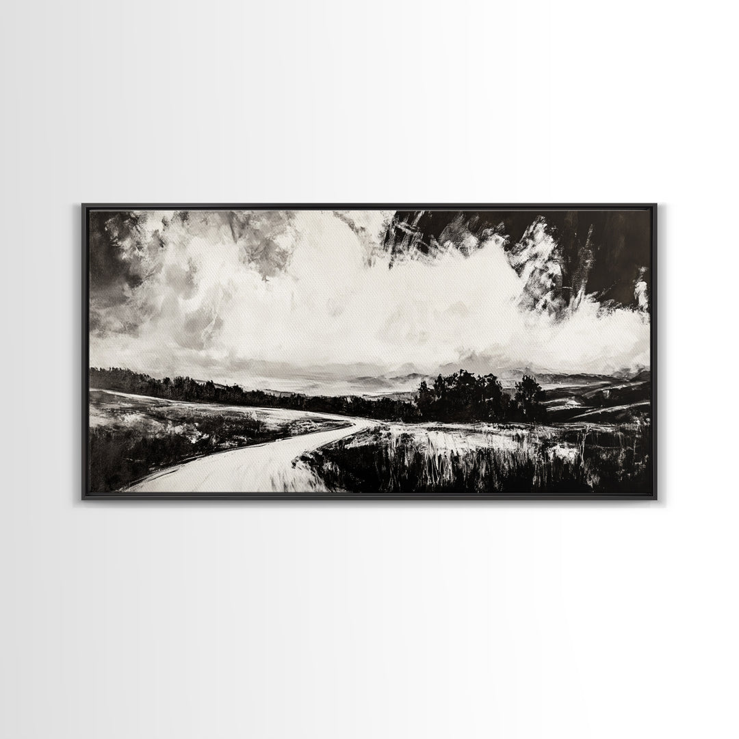Country Road, Black and White, Minimalist, Framed Canvas Print, Rustic Landscape, Entryway Wall Art, Neutral Wall Decor, Farmhouse Style