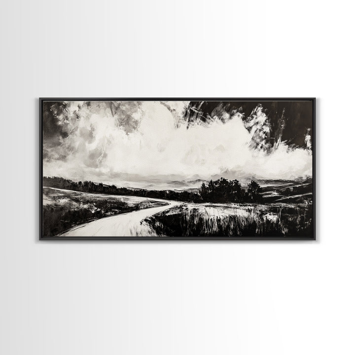 Country Road, Black and White, Minimalist, Framed Canvas Print, Rustic Landscape, Entryway Wall Art, Neutral Wall Decor, Farmhouse Style