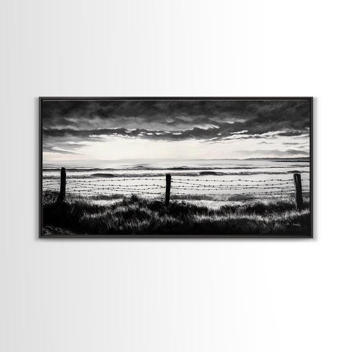 Dark Ocean, Stormy Sky, Coastal Landscape, Black and White Art, Moody Seascape, Living Room Wall Art, Nautical Decor, Framed Canvas Print
