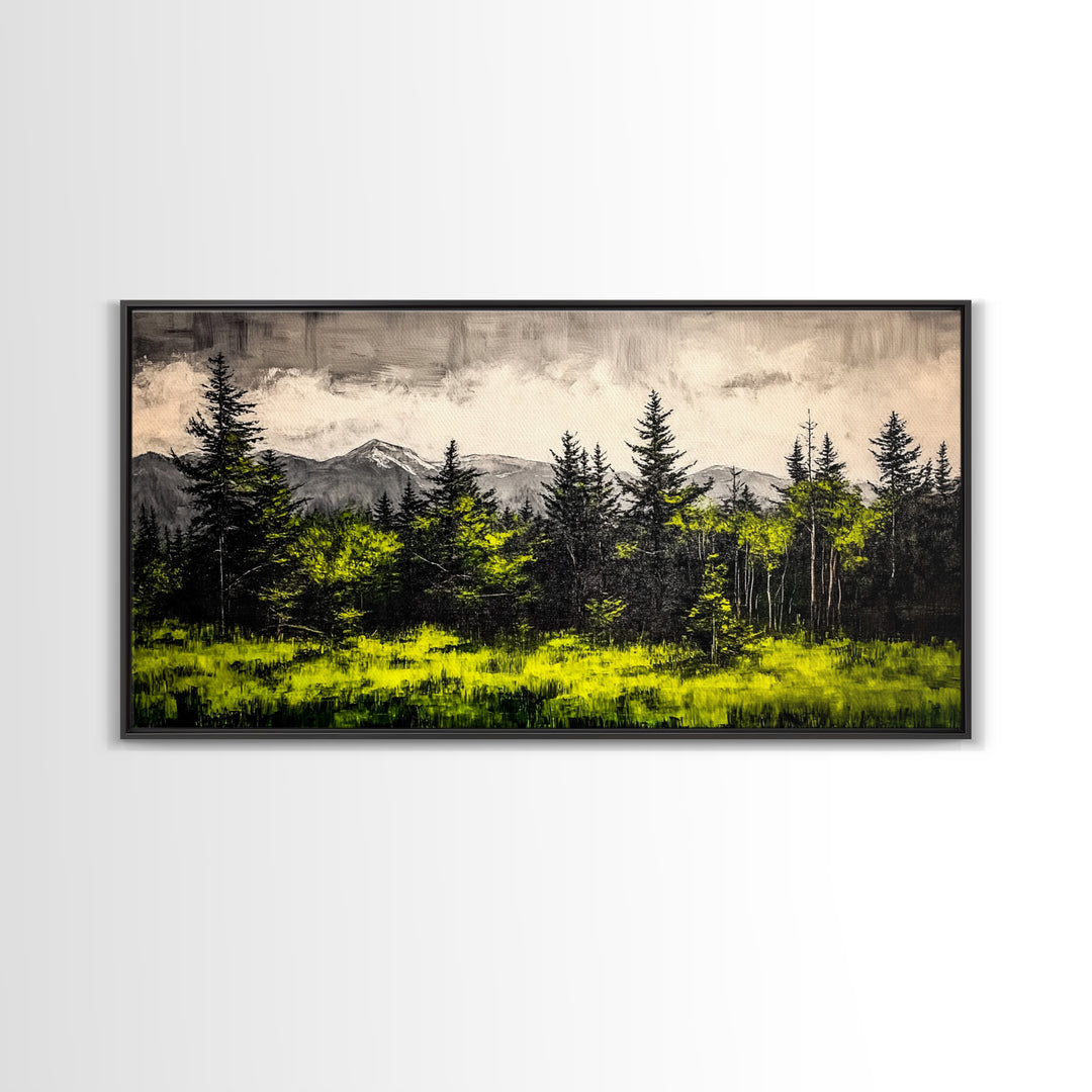 Green Forest, Mountain Landscape, Misty Trees, Framed Canvas Print, Nature Wall Art, Cabin Decor, Moody Landscape, Large Home Wall Art