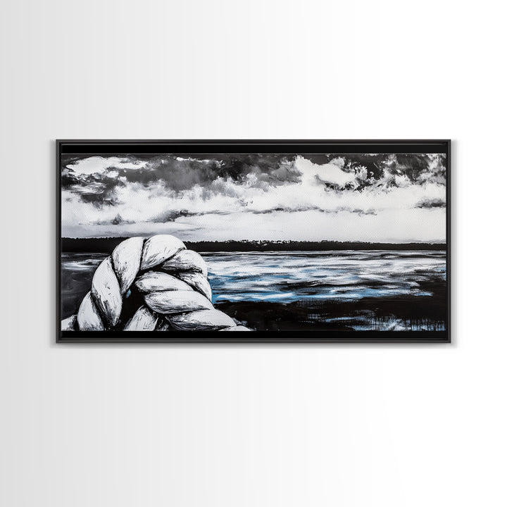 Nautical Art, Coastal Rope, Black and White, Framed Canvas Print, Beach House Decor, Minimalist Wall Art, Modern Ocean Painting