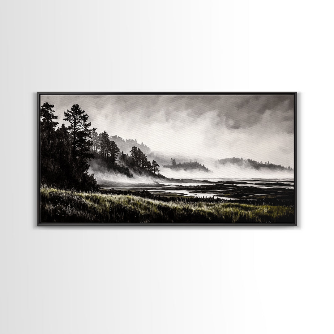 Foggy Hills, Woodland Landscape, Monochrome Art, Canvas Print, Rustic Nature Decor, Peaceful Wall Art, Mountain Art